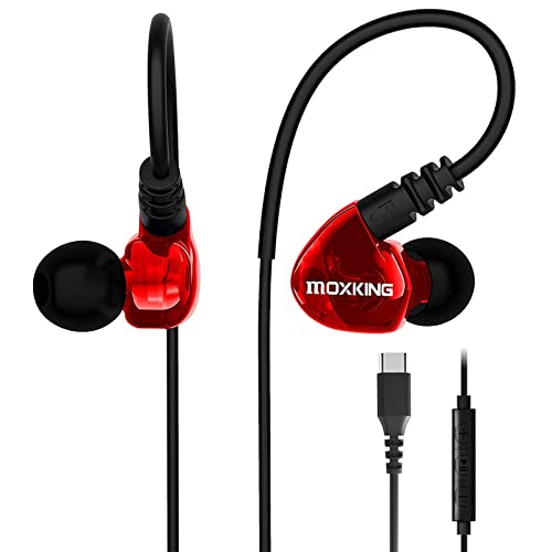 MOXKING Running Sports Earbud Headphones Wired Over Ear In Ear Headsets Noise Isolation Waterproof Earbuds Enhanced Bass Stereo Earphones with Microphone and Remote for Running (Red-Typ C) von MOXKING