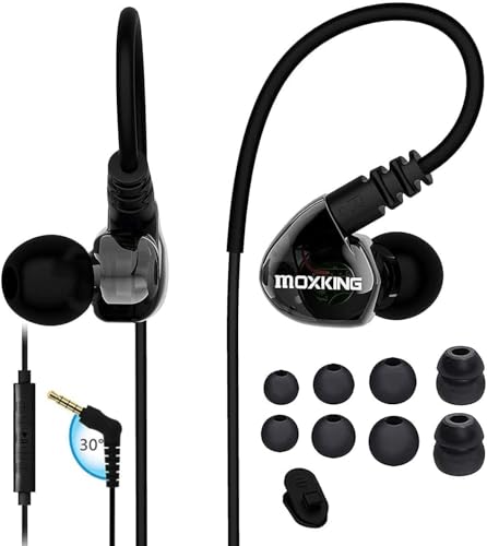MOXKING Running Sports Earbud Headphones Wired Over Ear In Ear Headsets Noise Isolation Waterproof Earbuds Enhanced Bass Stereo Earphones with Microphone and Remote for Running Jogging Gym (Black) von MOXKING