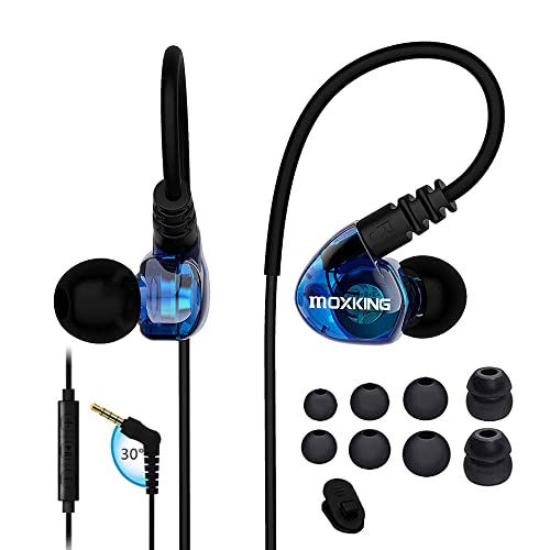 MOXKING Running Sports Earbud Headphones Wired Over Ear In Ear Headsets Noise Isolation Waterproof Earbuds Enhanced Bass Stereo Earphones with Microphone and Remote for Running Jogging Gym (Blau) von MOXKING