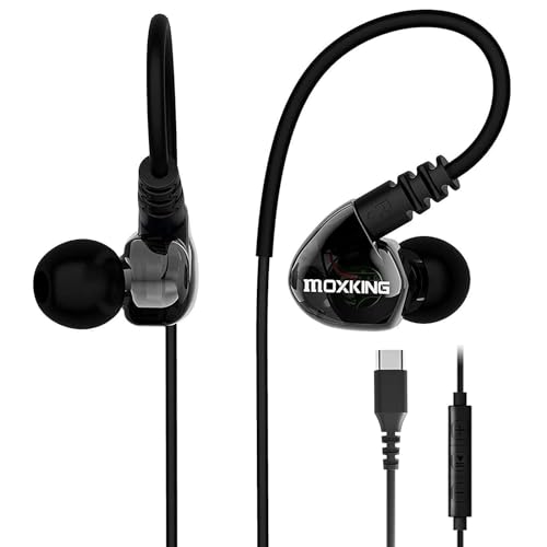 MOXKING USB C Running Sports Earbud, Typ C Kopfhörer verkabelt Over Ear In Ear Headsets Enhanced Bass Stereo Ohrhörer mit Mikrofon und Fernbedienung für Running Jogging Gym (Black-TypeC) von MOXKING