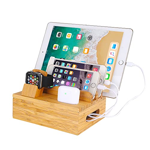 Bambus Holz Handy Ladestation Kompatibel iPhone 12 11 Pro Max XS XR X 8 7 6 6S Plus iPad 3 4 Mini Air Pro Apple Watch 2 3 4 iWatch 38 42mm AirPods Samsung Smartphones von MOZOWO