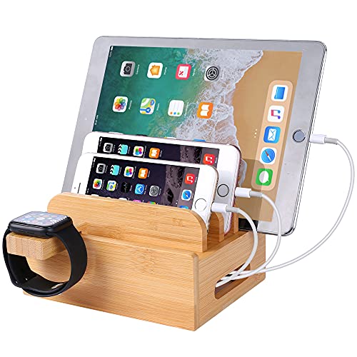 Bambus Holz Multi-Gerät Desktop Ladestation Ladegerät Halter Wiege Ständer compatible with iPhone 12 11 Pro Max XS XR X 8 7 Plus iPad Mini Pro Air Apple Watch iWatch 2 3 4 Samsung Smartphones Tablets von MOZOWO