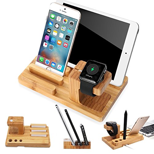 MOZOWO Bambus Holz Multi-Gerät Desktop Ladestation Halterung Ladegerät Halter Wiege Ständer compatible with iPhone 12 11 Pro Max XS XR X 8 7 6 6S Plus iPad Apple Watch iWatch 2 3 4 Samsung Smartphones von MOZOWO