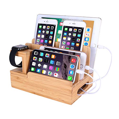 MOZOWO Schreibtisch Organizer Bambus Holz Ladestation Ladestation Ladegerät Halterung Ständer compatible with iPhone 11 Pro Max XS XR X 8 Plus iPad Apple Watch 2 3 4 iWatch Samsung Smartphones Tablets von MOZOWO