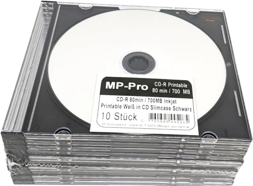 Bedruckbare CD-Rohlinge 80min/700MB CD-R Inkjet Printable Weiß Pro in Slimcase CD Hüllen Schwarz - 10er Pack von MP-Pro