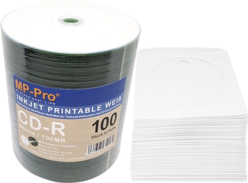 Bedruckbare CD-Rohlinge 80min/700MB CD-R Inkjet Printable Weiß Pro mit Papier-CD-Hüllen - 100 Stück von MP-Pro