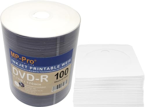 Bedruckbare DVD-Rohlinge 4,7GB DVD-R Inkjet Printable Weiß Pro mit CD-Hüllen aus Papier mit Folienfenster – 100 Stück von MP-Pro