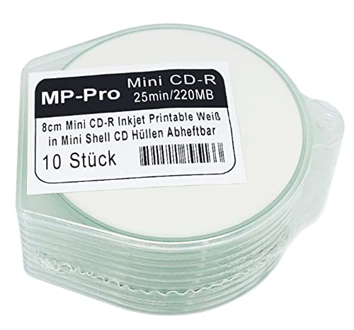 Bedruckbare Mini-CD-Rohlinge 8cm CD-R Rohlinge Inkjet Printable Weiß 25min/220MB - 10 Stück in Mini-CD Shell Hüllen von MP-Pro