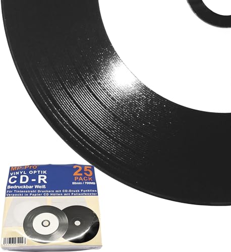 Bedruckbare Vinyl CD-Rohlinge Schwarz CD-R 80min/700MB mit Vinyl-Optik Schallplatten Retro-Look - 25 Stück in Papier-CD-Hüllen von MP-Pro