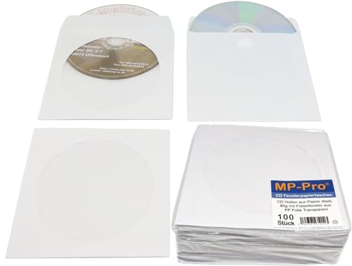 CD-Papierhüllen Weiß - 100/200/1000 Stück CD-Hüllen aus Papier mit Glasklarem PP-Folie Fenster und Verschluss-Klappe - 100 Stück von MP-Pro