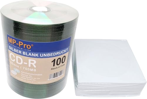 CD-Rohlinge Silber Blank Glänzend CD-R 80min/700MB Unbedruckt inkl. Papier CD-Hüllen - 100 Stück von MP-Pro