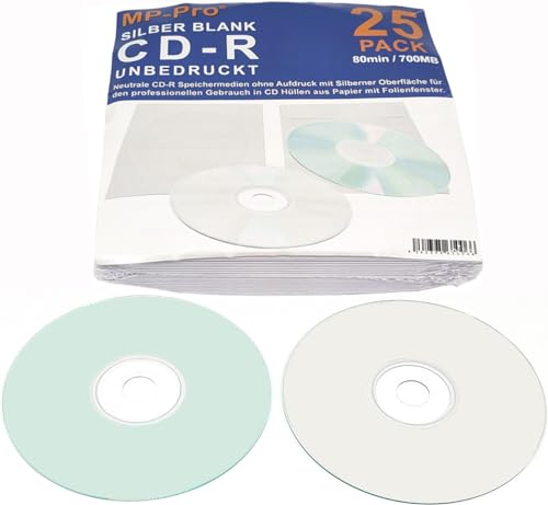 CD-Rohlinge Silber Blank Glänzend CD-R 80min/700MB Unbedruckt inkl. Papier CD-Hüllen - 25er Pack von MP-Pro