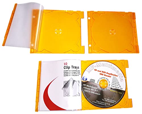 MP-Pro Abheftbare CD-Hüllen Ultra-Slim Clip-Tray Orange mit Folientasche Transparent als Deckel für CD-Covercard und Lochung zum Abheften - 10 Stück von MP-Pro