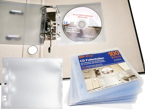 MP-Pro Leere CD-Hüllen zum Abheften mit Patentierter Klappe 100/200/400 CD Hüllen für Ordner aus PP Folie Extra Dick für 1 CD/DVD + Cover - 100 Stück von MP-Pro