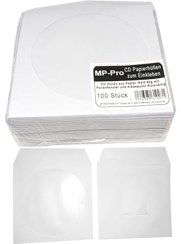 MP-Pro Selbstklebende CD Papierhüllen 100/200/500 Stück CD Hüllen zum Einkleben aus Papier Weiß mit Folienfenster, Selbstklebend Gummierte Klappe und Rückseitiger Klebe-Sticker - 100 Stück von MP-Pro