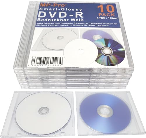 MP-Pro Smart-Glossy DVD-Rohlinge 4,7 GB DVD-R Inkjet Printable Weiß Glänzend Bedruckbar - 10 Stück in CD Slimcase Transparent von MP-Pro