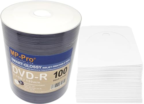 MP-Pro Smart-Glossy DVD-Rohlinge 4,7 GB DVD-R Inkjet Printable Weiß Glänzend Bedruckbar - 100 Stück mit Papier-CD-Hüllen von MP-Pro