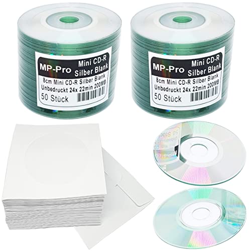 Mini-CD-Rohlinge 22min/200MB 8cm CD-R Rohlinge Silber Glänzend Unbedruckt (100 Stück mit Hüllen) von MP-Pro