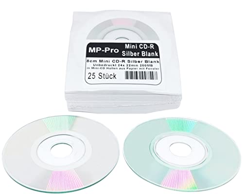 Mini-CD-Rohlinge 22min/200MB 8cm CD-R Rohlinge Silber Glänzend Unbedruckt (25 Stück in Hüllen) von MP-Pro