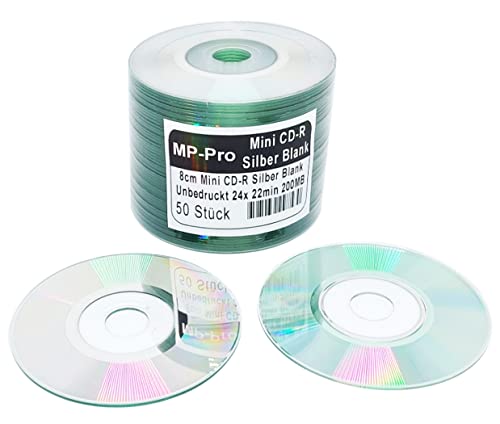 Mini-CD-Rohlinge 22min/200MB 8cm CD-R Rohlinge Silber Glänzend Unbedruckt (50 Stück ohne Hüllen) von MP-Pro