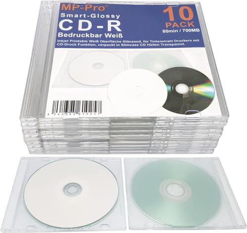 Smart-Glossy Bedruckbare CD-Rohlinge 80min/700MB CD-R Inkjet Printable Weiß Glänzend - 10 Stück in CD Slimcase Transparent von MP-Pro