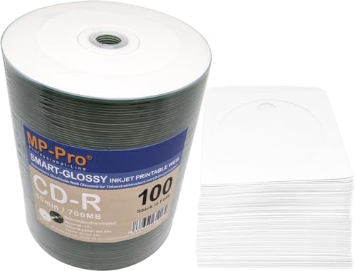 Smart-Glossy Bedruckbare CD-Rohlinge 80min/700MB CD-R Inkjet Printable Weiß Glänzend - 100 Stück mit Papier CD Hüllen von MP-Pro