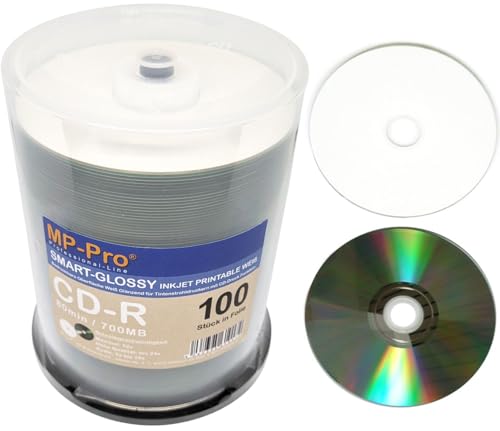 Smart-Glossy Bedruckbare CD-Rohlinge 80min/700MB CD-R Inkjet Printable Weiß Glänzend - 100er Spindel-Box von MP-Pro