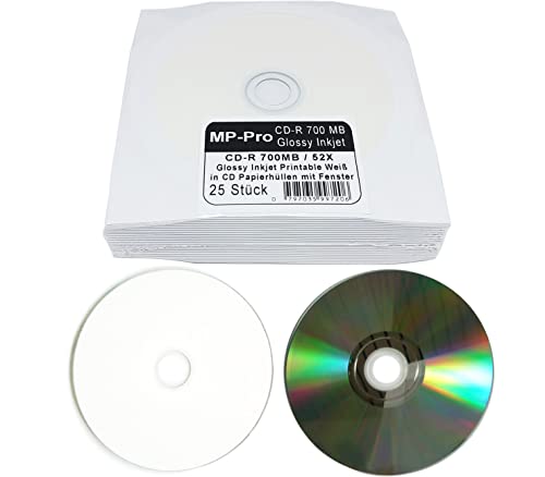 Smart-Glossy Bedruckbare CD-Rohlinge 80min/700MB CD-R Inkjet Printable Weiß Glänzend - 25 Stück in Papier CD Hüllen von MP-Pro