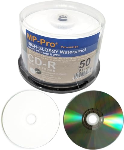 Wasserfest Bedruckbare CD-R Rohlinge 80min/700MB High-Glossy Waterproof Nanokeramik Hochglanz Inkjet Printable Weiß - 50er Spindel-Box von MP-Pro