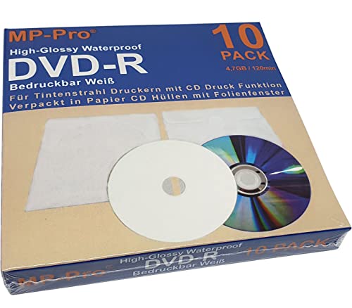 Wasserfest Bedruckbare DVD-Rohlinge DVD-R 4,7 GB Waterproof High-Glossy Inkjet Printable Nanokeramik Hochglanz Weiß - 10 Stück in Papier CD Hüllen von MP-Pro