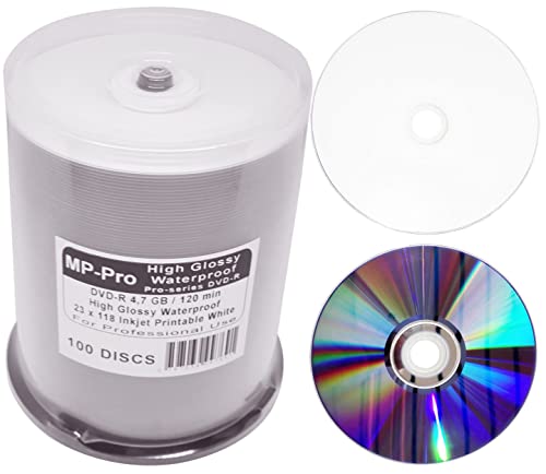Wasserfest Bedruckbare DVD-Rohlinge DVD-R 4,7 GB Waterproof High-Glossy Inkjet Printable Nanokeramik Hochglanz Weiß - 100er Cake-Box von MP-Pro