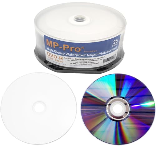 Wasserfest Bedruckbare DVD-Rohlinge DVD-R 4,7 GB Waterproof High-Glossy Inkjet Printable Nanokeramik Hochglanz Weiß - 25er Cake Box von MP-Pro