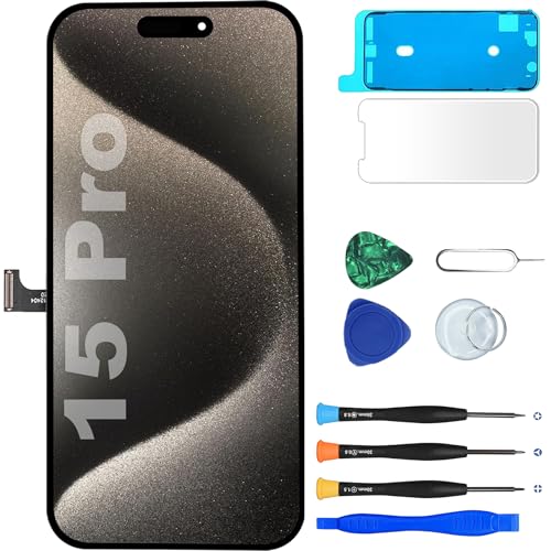 MP+ für iPhone 15 Pro Display Reparaturset – [FHD][120hz] LCD Bildschirm Ersatz mit 3D Touch & Vormontiertem Rahmen – inkl. Werkzeug & Kleber – DIY Touchscreen Reparaturkit von MP+
