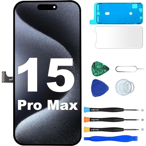 MP+ für iPhone 15 Pro Max Display Reparaturset – [FHD][120hz] LCD Bildschirm Ersatz mit 3D Touch & Vormontiertem Rahmen – inkl. Werkzeug & Kleber – DIY Touchscreen Reparaturkit von MP+