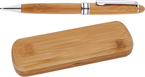 MPM Quality Holzkugelschreiber in Bambus-Box, umweltfreundlich, Eco-Friendly, eleganter Holz/Metall-Stift, Holzkiste, Helles Holz/Glänzend Silber, blaue Tinte von MPM Quality