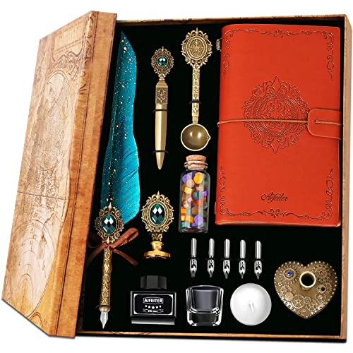MPRINCE Feder Kalligraphie Stift Set, Quill Stift und Tinte Set, Feder Stift Tinte Set, Notizbuch Quill Stift und Tinte Set, Wachs Siegel Stempel Set, schöne Geschenk Kalligraphie Set-grün von MPRINCE