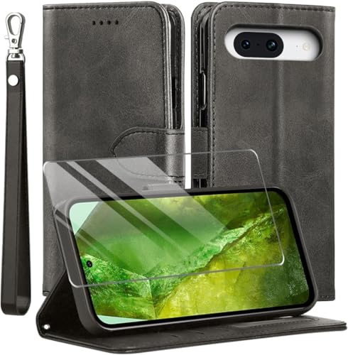 Kompatibel mit Google Pixel 8a Hülle, Leder Flip Stoßfeste Handyhülle, Magnetische Schutzhülle Silikon TPU[Kartenfach][Standfunktion][1X Displayschutzfolie] Case -Schwarz von MQERYBV
