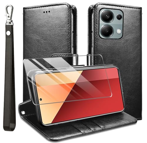 Kompatibel mit Redmi Note 13 Pro 4G / Xiaomi Poco M6 Pro 4G Hülle, Leder Flip Stoßfeste Handyhülle, Magnetische Schutzhülle Silikon TPU[Kartenfach][Standfunktion][1X Displayschutzfolie] Case -Schwarz von MQERYBV