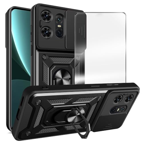MQERYBV Handyhülle für Motorola Moto Edge 50 Pro Hülle mit Displayschutzfolien, 360°Magnetisch Ring Ständer Handytasche Stoßfest Kratzfest Schutzhülle Panzerhülle Case Cover (Schwarz) von MQERYBV