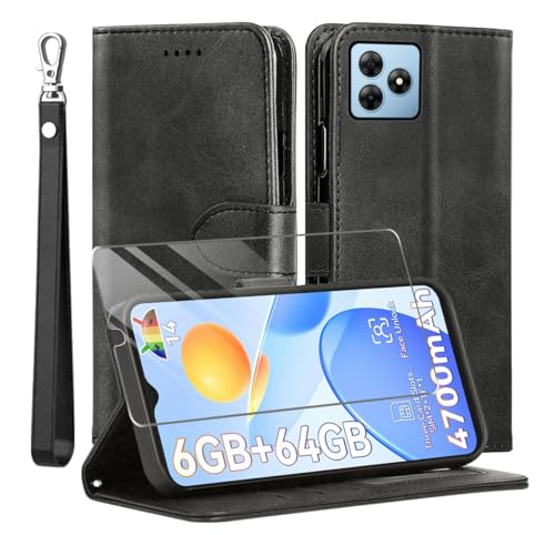 MQERYBV Kompatibel mit Blackview Wave 8C Hülle, Leder Flip Stoßfeste Handyhülle, Magnetische Schutzhülle Silikon TPU[Kartenfach][Standfunktion][1X Displayschutzfolie] Case -Schwarz von MQERYBV