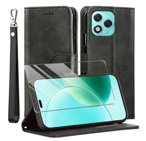 MQERYBV Kompatibel mit Honor 400 lite 5G Hülle, Leder Flip Stoßfeste Handyhülle, Magnetische Schutzhülle Silikon TPU[Kartenfach][Standfunktion][1X Displayschutzfolie] Case -Schwarz von MQERYBV