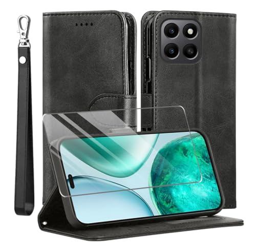 MQERYBV Kompatibel mit Honor X8C Hülle, Leder Flip Stoßfeste Handyhülle, Magnetische Schutzhülle Silikon TPU[Kartenfach][Standfunktion][1X Displayschutzfolie] Case -Schwarz von MQERYBV