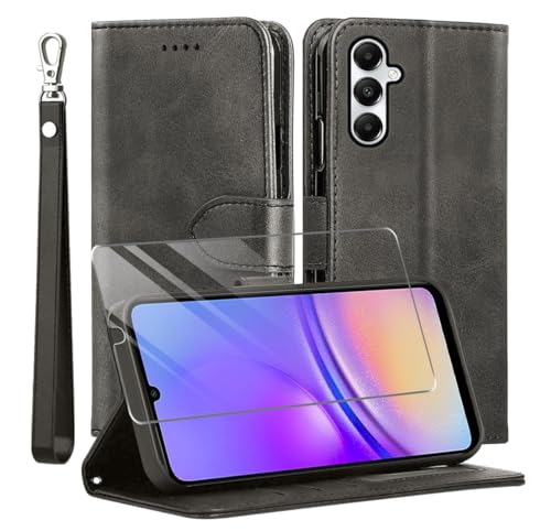 MQERYBV Kompatibel mit Samsung Galaxy A55 5G Hülle, Leder Flip Stoßfeste Handyhülle, Magnetische Schutzhülle Silikon TPU[Kartenfach][Standfunktion][1X Displayschutzfolie] Case -Schwarz von MQERYBV