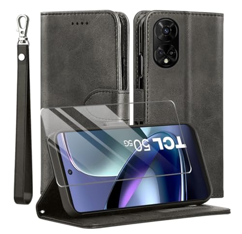 MQERYBV Kompatibel mit TCL 50 5G Hülle, Leder Flip Stoßfeste Handyhülle, Magnetische Schutzhülle Silikon TPU[Kartenfach][Standfunktion][1X Displayschutzfolie] Case -Schwarz von MQERYBV