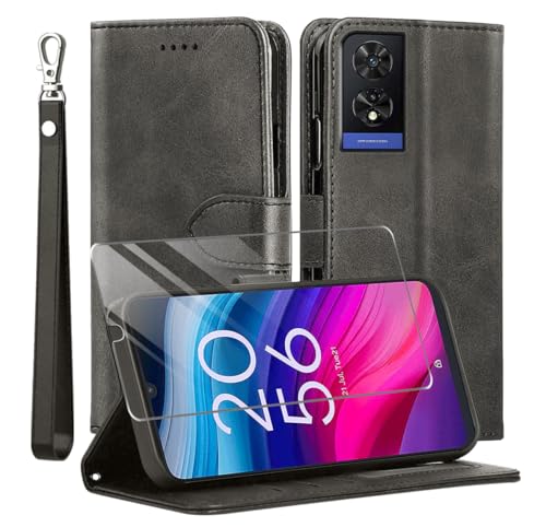 MQERYBV Kompatibel mit TCL 505 Hülle, Leder Flip Stoßfeste Handyhülle, Magnetische Schutzhülle Silikon TPU[Kartenfach][Standfunktion][1X Displayschutzfolie] Case -Schwarz von MQERYBV