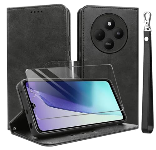 MQERYBV Kompatibel mit Xiaomi Redmi 14C 4G/Xiaomi Poco C75 Hülle, Leder Flip Stoßfeste Handyhülle, Magnetische Schutzhülle Silikon TPU[Kartenfach][Standfunktion][1X Displayschutzfolie] Case -Schwarz von MQERYBV
