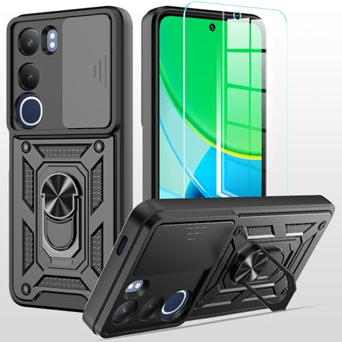 MQERYBV hülle für Vivo Y19S Handyhülle Kameraschutz Slide Camera mit 1 Stück Panzer Schutz Glas ﻿, 360 Grad Drehbar Metall Ring Fallschutz Handy Hüllen Outdoor Schutzhülle Cover Schwarz von MQERYBV