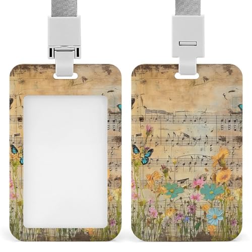 Id-Kartenhalter Arbeitsschildhalter Mit Lanyard Notenblatt Musiknoten Schmetterlinge Blumen Id-Kartenhalter Arbeitsschildhalter Mit Lanyard von MQSSYOA