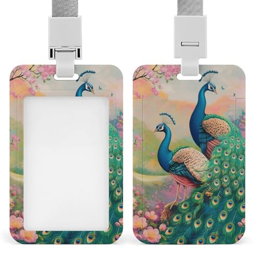 Id-Kartenhalter Arbeitsschildhalter Mit Lanyard Wunderschöne Pfaue Vögel Kirschblüten Blüte Id-Kartenhalter Arbeitsschildhalter Mit Lanyard von MQSSYOA