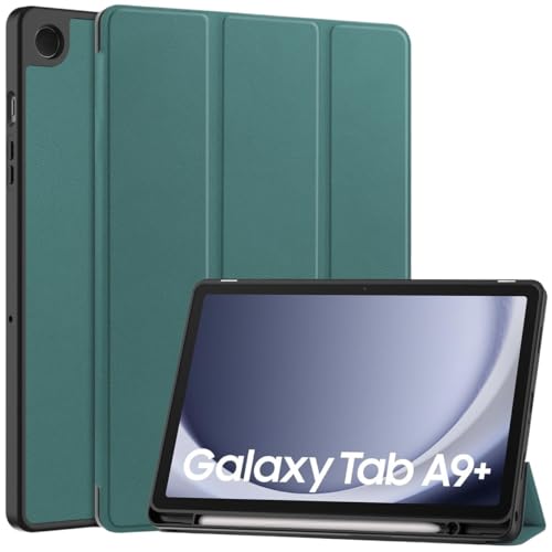 MQVQAUBST Dreifach Faltbare Tablet-Hülle mit Ständer, geeignet for Samsung Galaxy Tab A9 Plus 11 Zoll 2023 SM-X210 X216 X215 X218 mit Stifthalter(Dark Green) von MQVQAUBST